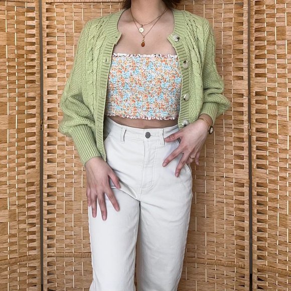 Light, Pastel Green Cardigan, with Unique Knit Detailing - Picture 1 of 4